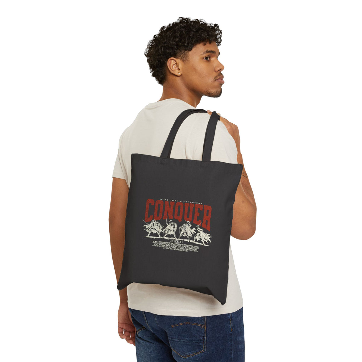 More than a Conqueror Black Canvas Tote